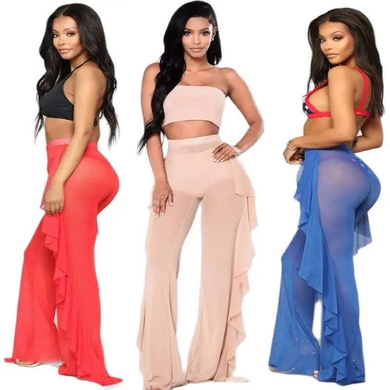 

Women Ruffle Pants Beach Swimsuit Cover Up Sheer Bikini Swimwear Sexy Mesh Pants