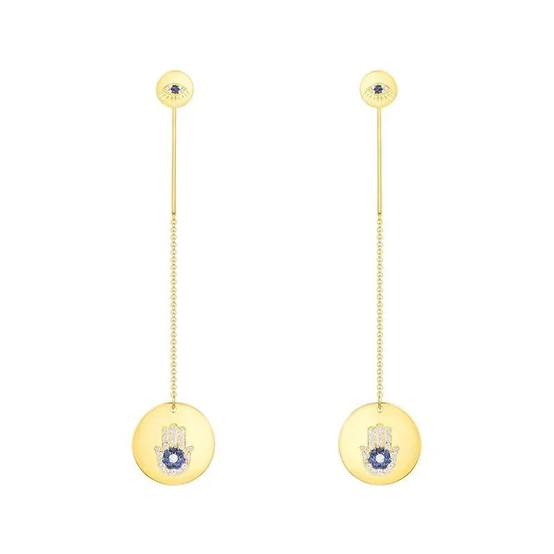

SOELLE 925 Sterling Silver Yellow Gold Color Round Lucky Hamsa Hand Long Earrings Women Zircon Earrings ETE Collection Jewelry