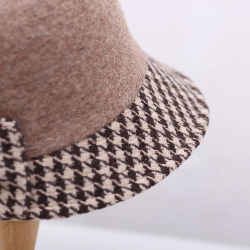 New Warm Arrive Autumn Winter Fashion Wool Thickness Elegance Woman Bow Patchwork Hound Tooth Pattern Fedoras Panama Bucket Hat |