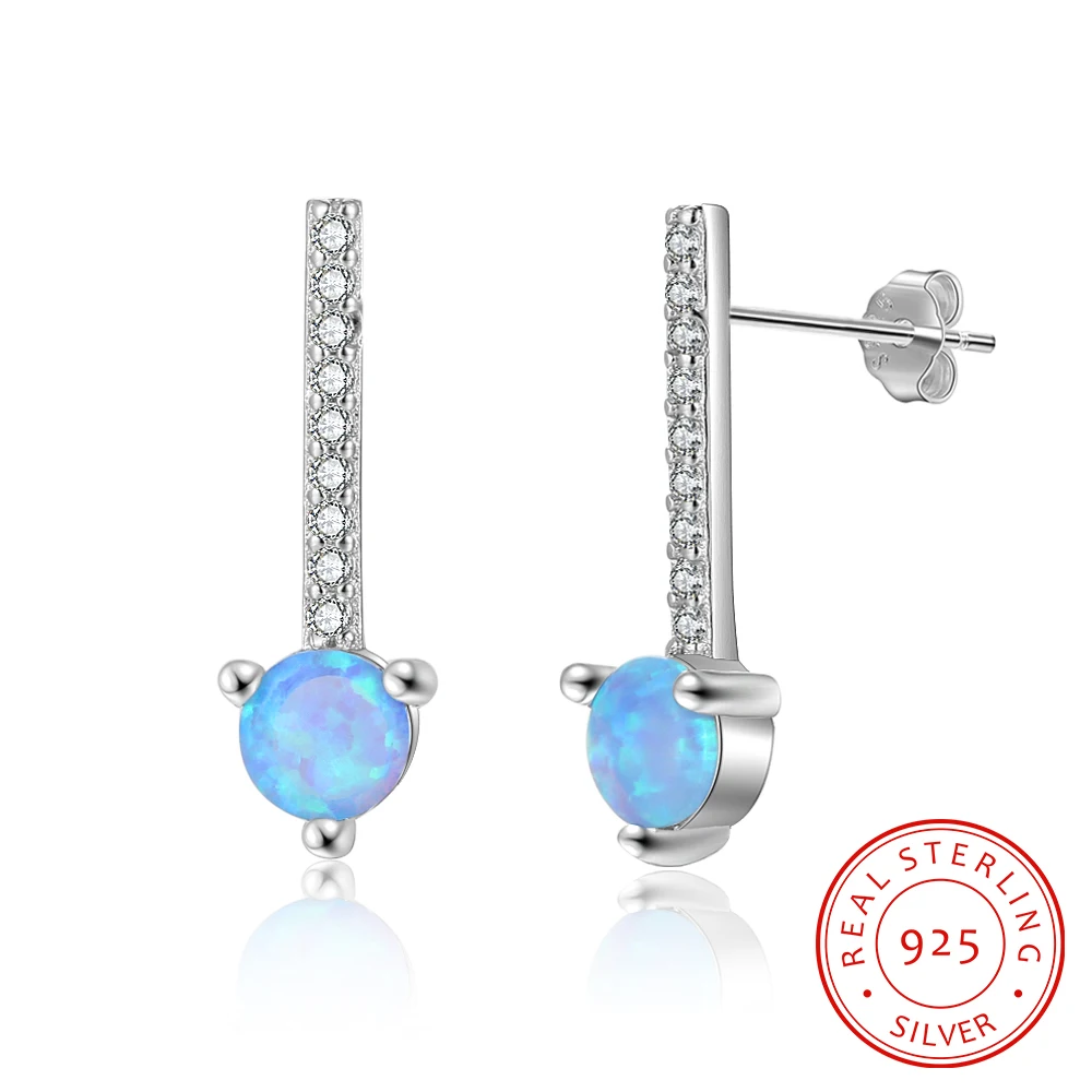 

Created Round Blue Opal Earrings for Women 925 Sterling Silver Cubic Zirconia Long Stud Earrings Fashion Wedding Party Jewelry