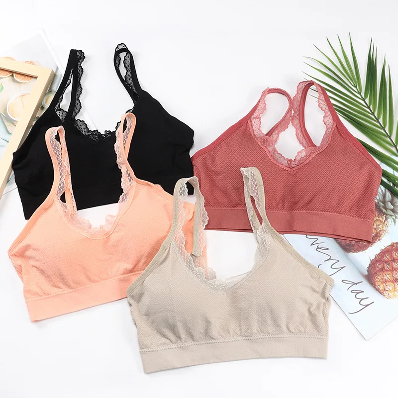 Новая бесшовная кружевная кофта-топ с фиксированной чашкой на груди красивая