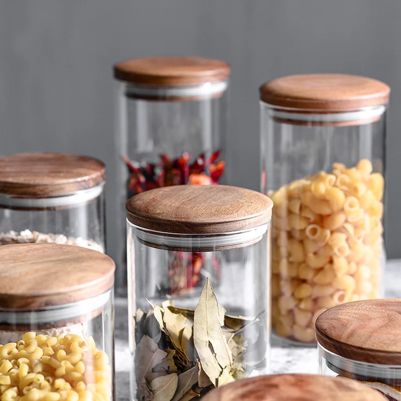 Food Storage Glass Bottle Clear Kitchen Containers Grains Storage Jar Acacia Mangium Sealed Jar Spice Creal Container