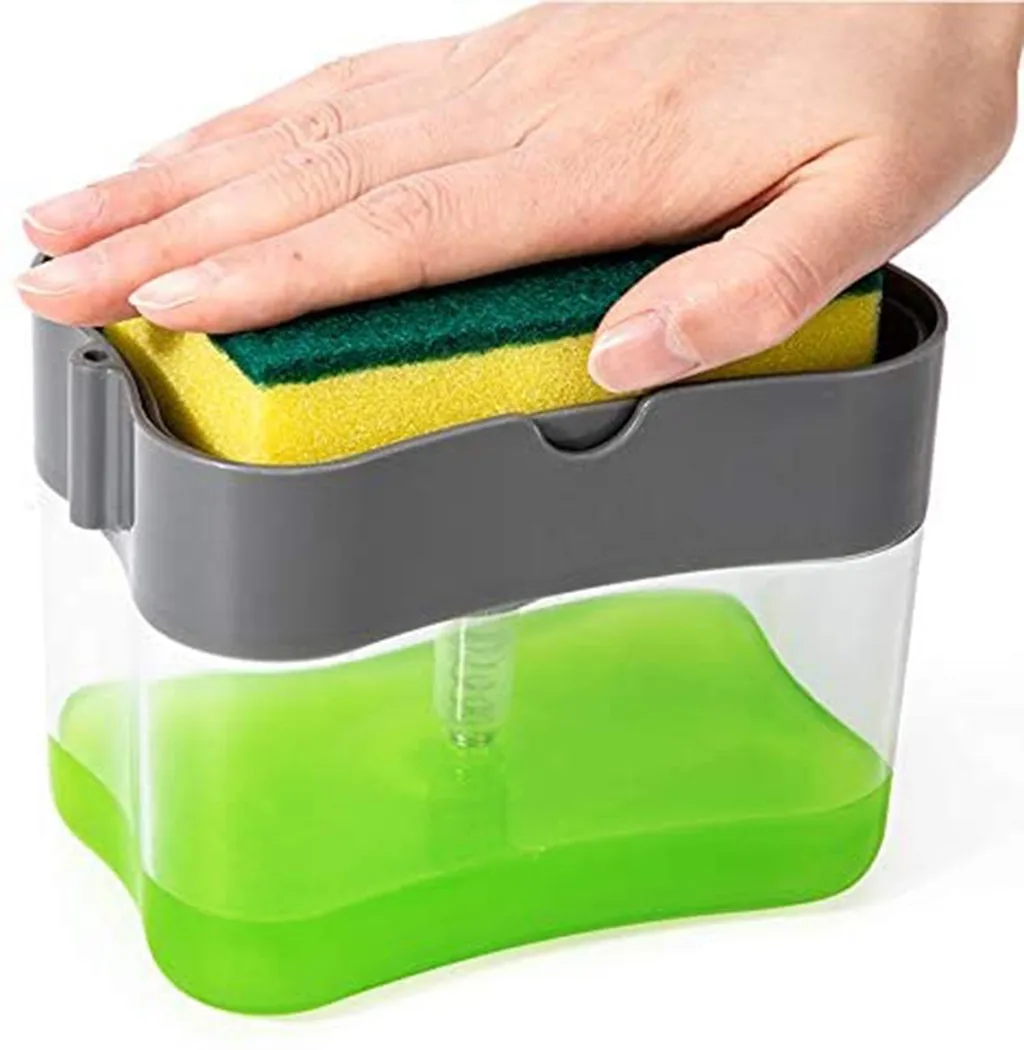 

2-in-1Sponge Rack Soap Dispenser Soap Dispenser And Sponge Caddy 13 Ounces Container Sponge Drainboard Soap Holder Rack