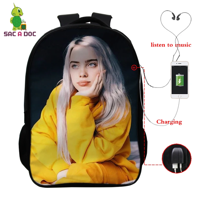Коричневый Billie Eilish рюкзак, школьные сумки, 16 дюймов, Детские рюкзаки, детский рюкзак для девочек, рюкзак для путешествий, рюкзак с USB зарядкой - Цвет: Коричневый
