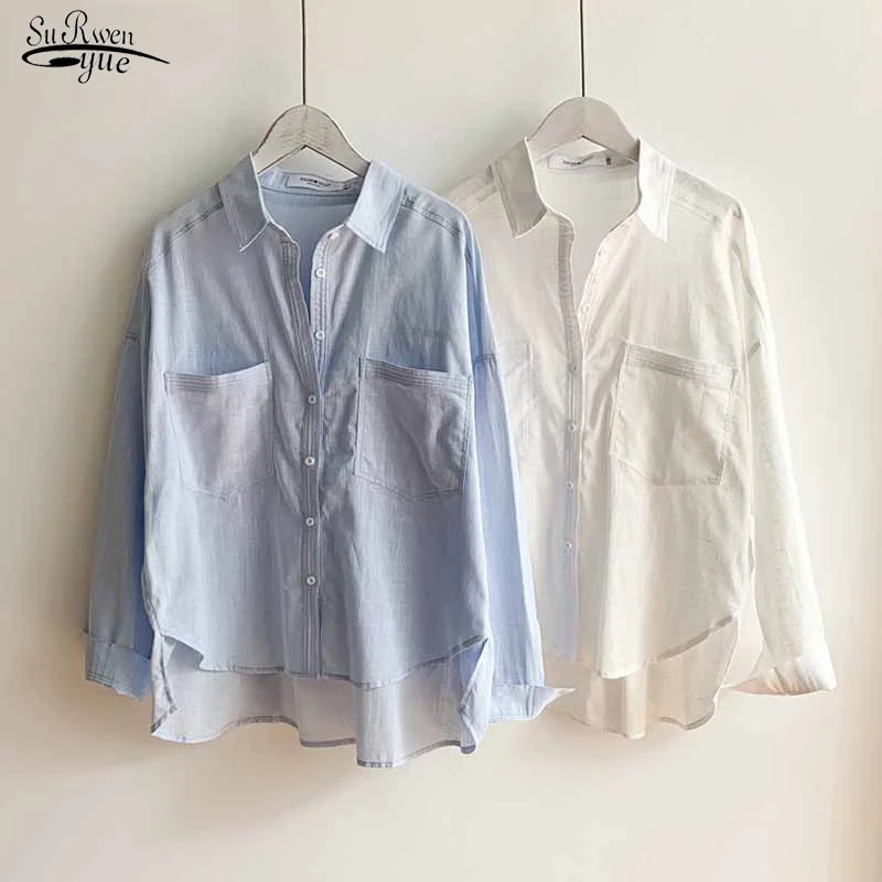 

Autumn New White Shirts for Women 2021 Office Lady Turn-down Collar Double Pocket Blouses Cotton Linen Tops Mujer Shirt 16307