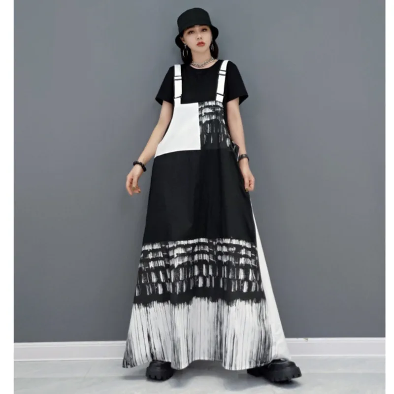 

Vefadisa Newest Summer Women Dress Fashion Printed Black White Loose Dress Korean Styles Women Straps Dress 2021 TT003