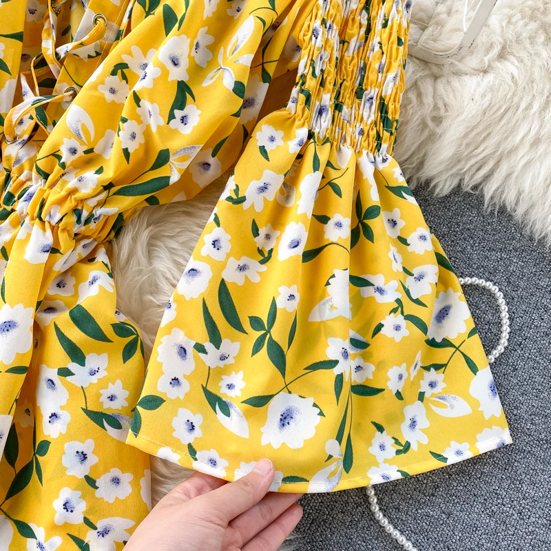 

2020 Boho style off shoulder sexy floral print Jumpsuit lace up Women Short Summer high waist Playsuit flare sleeve Beach Romper