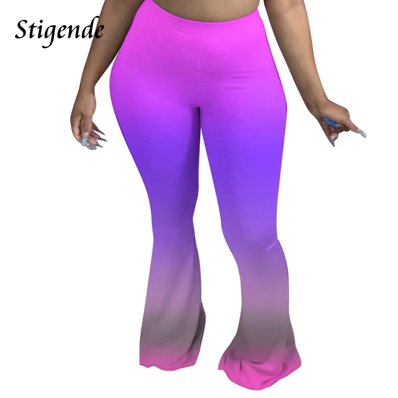 

Stigende женская сексуальная градиент Цвет расклешенные брюки для девочек с модным принтом Цвет Фул колокол Нижние штаны
