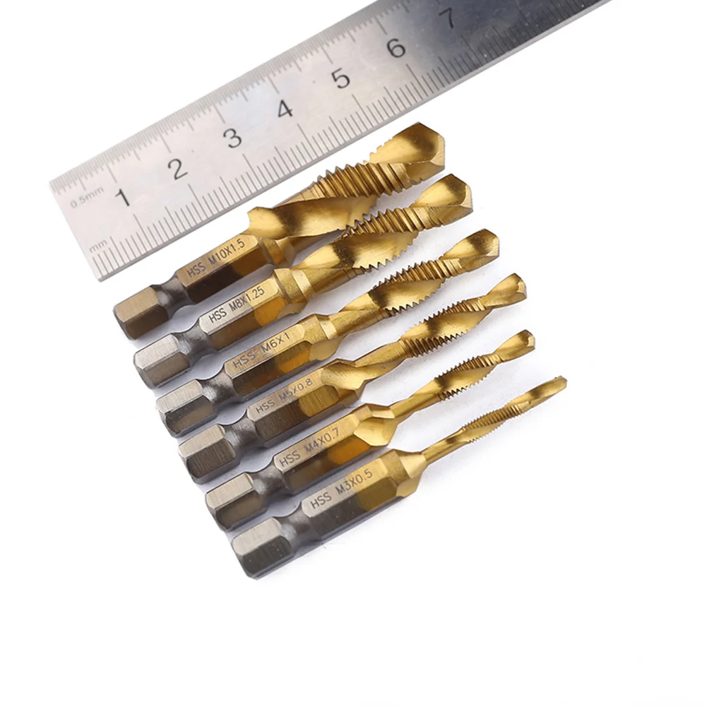 

6pcs M3-M10 Hex Shank Titanium Plated HSS Screw Thread Metric Tap Drill Bits Screw Machine Compound Tap Hand Tools