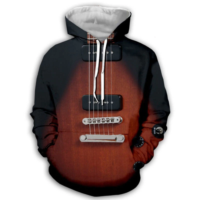

2021 Spring And Autumn 3D Printed Hooded Guitar Pattern Plus Size Black Long-Sleeved Printed Top