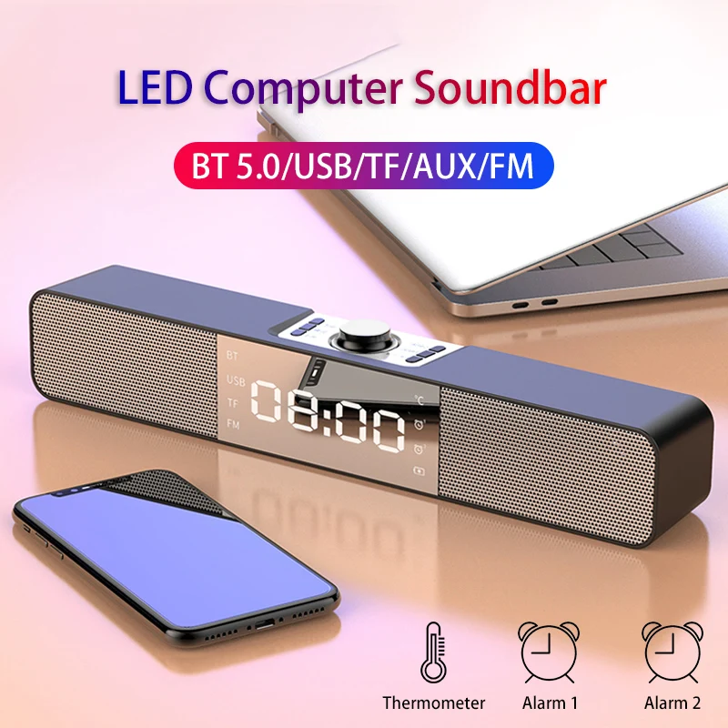 

LED TV Soundbar Bluetooth Speaker Portable Wireless Computer Speakers USB Clock BoomBox Bass Sound Bar AUX HIFI TF USB FM Radio
