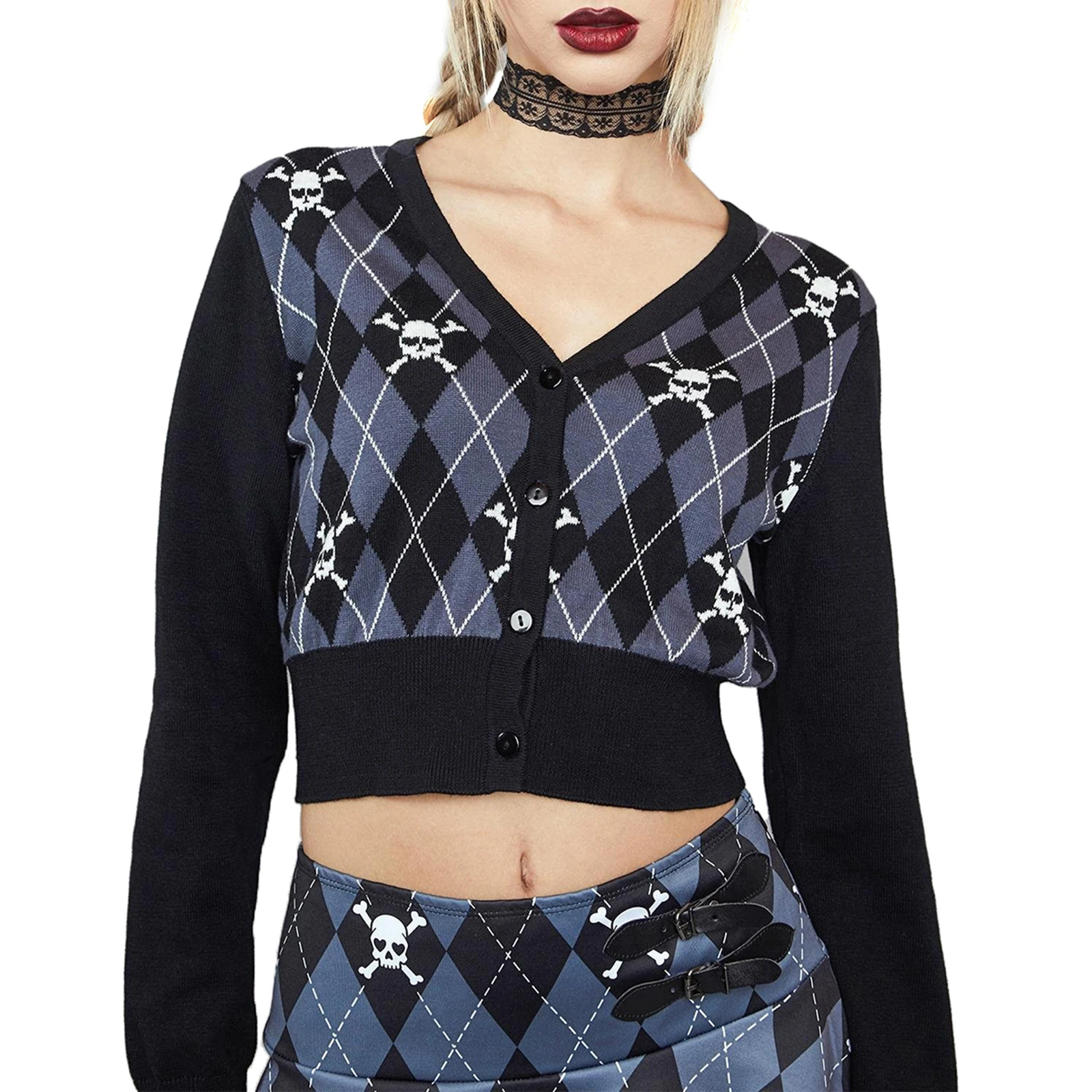 

Women Knitting Coat Long Sleeve V Neck Skull Printed Tops Casual Street Party Autumn Spring Blouse