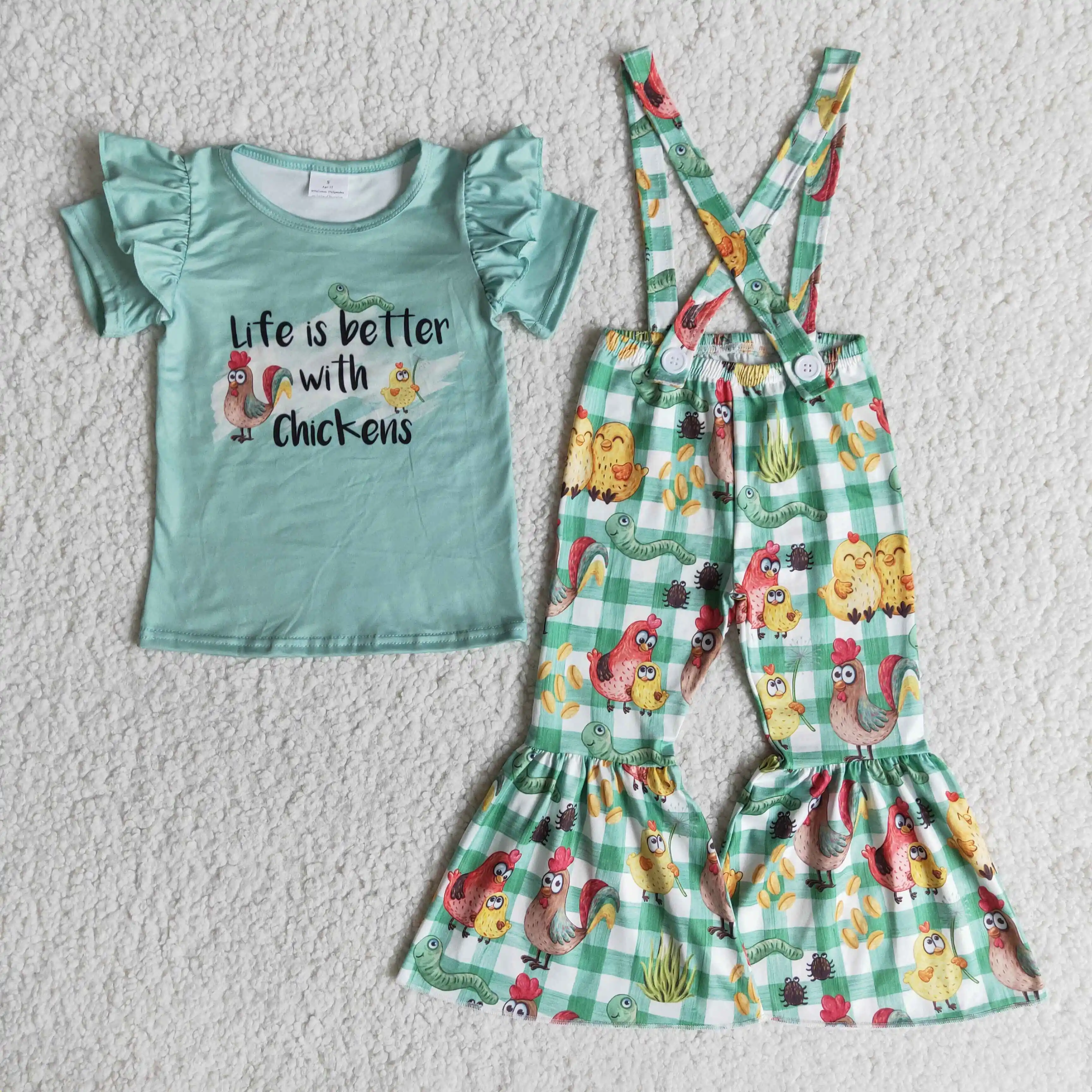 

2pcs girl spring outfit short Sleeve Top sets kids chicken girls fall boutique overalls outfits toddler girls clothes
