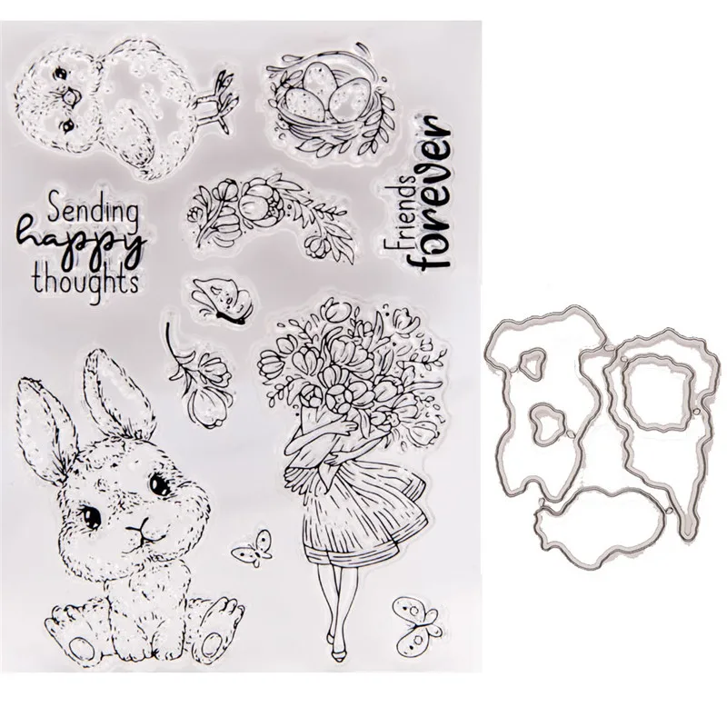 

Cutting Dies With Clear Stamp Of Bouquet Rabbit Bouquet Handbooking Set dIY Scrapbooking Paper Embossing Stencil Painting Seal