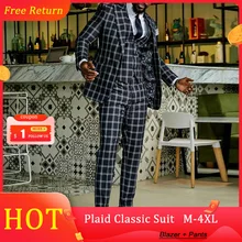 Plaid Men's Classic Suit Print Blazer And Pants Single-Breasted OL Office Wear Fashion 2021 Autumn Sets Male Blazer Clothing (2)