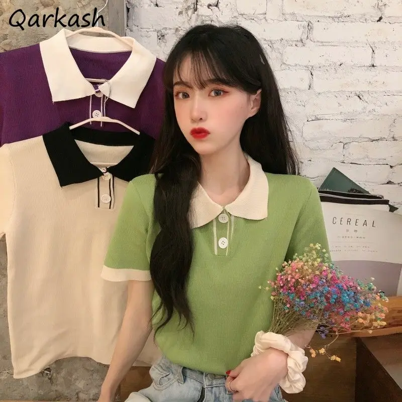 

Футболки женские трикотажные ярких цветов, Лидер продаж, ретро-топы с отложным воротником в стиле пэчворк, шикарный дизайн, женская новая ко...