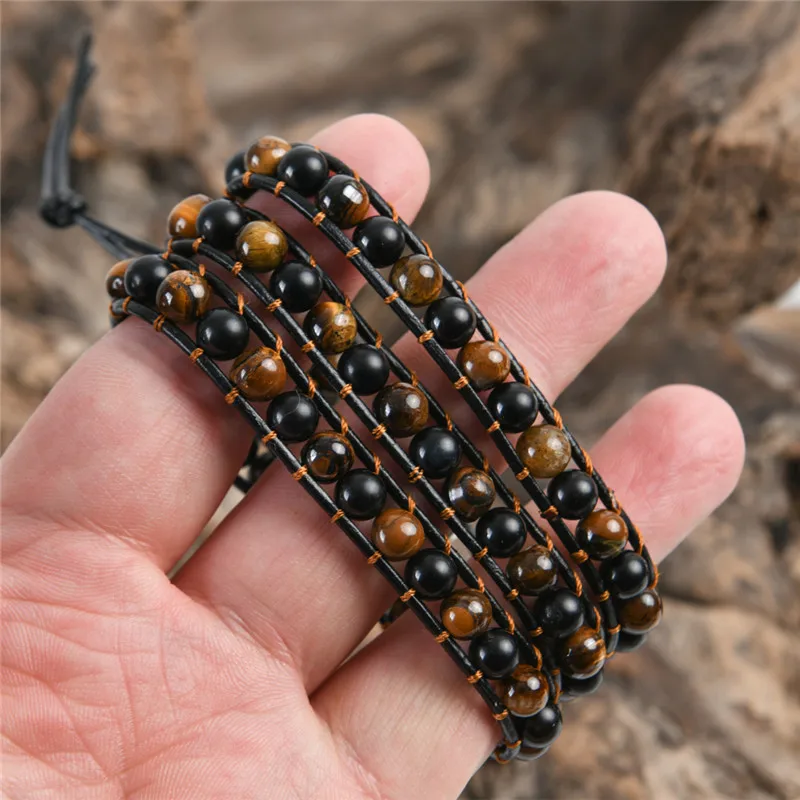 Кожаный браслет с камнями тигровый глаз натуральные бусины кристаллы плетение