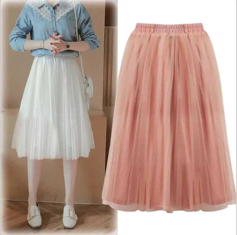 Women Girl Skirt High Waist Mesh Female Autumn and Winter Elegant Fairy Big Swing Pleated Fashion Solid Color A skirt CL81 | Женские юбки