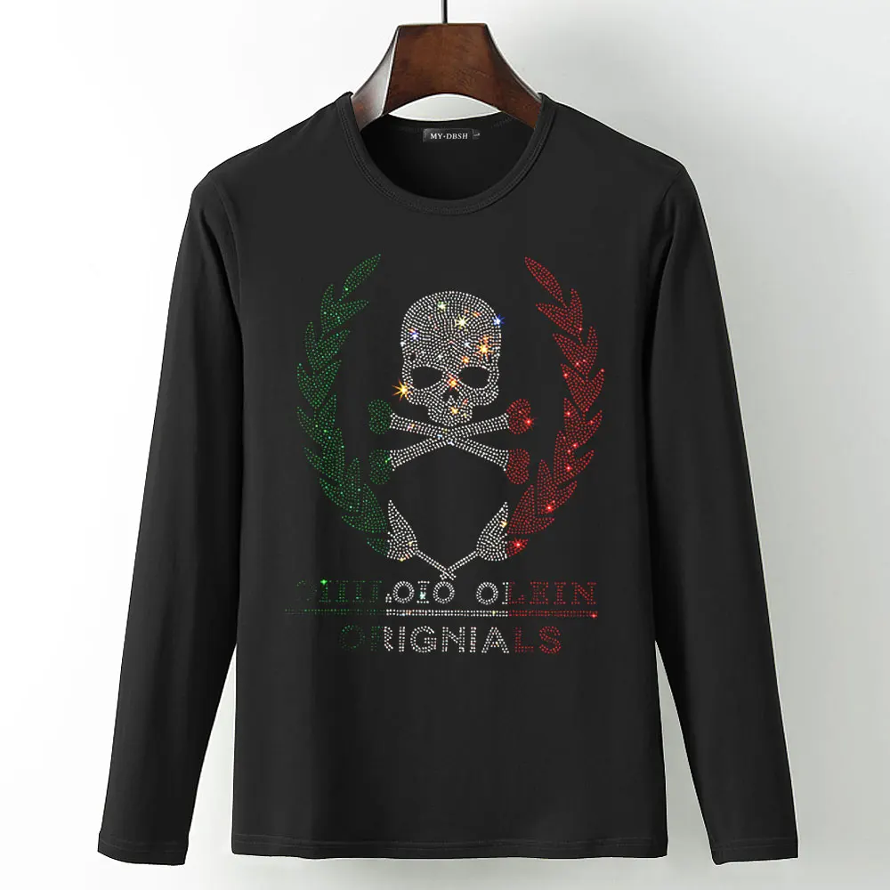 T009-O-Black Новые футболки с черепом и бриллиантами, тянущаяся хлопковая футболка с длинными рукавами, готический стиль, мужская Высококачественная футболка большого размера 5XL со стразами - Цвет: T009-O-Black