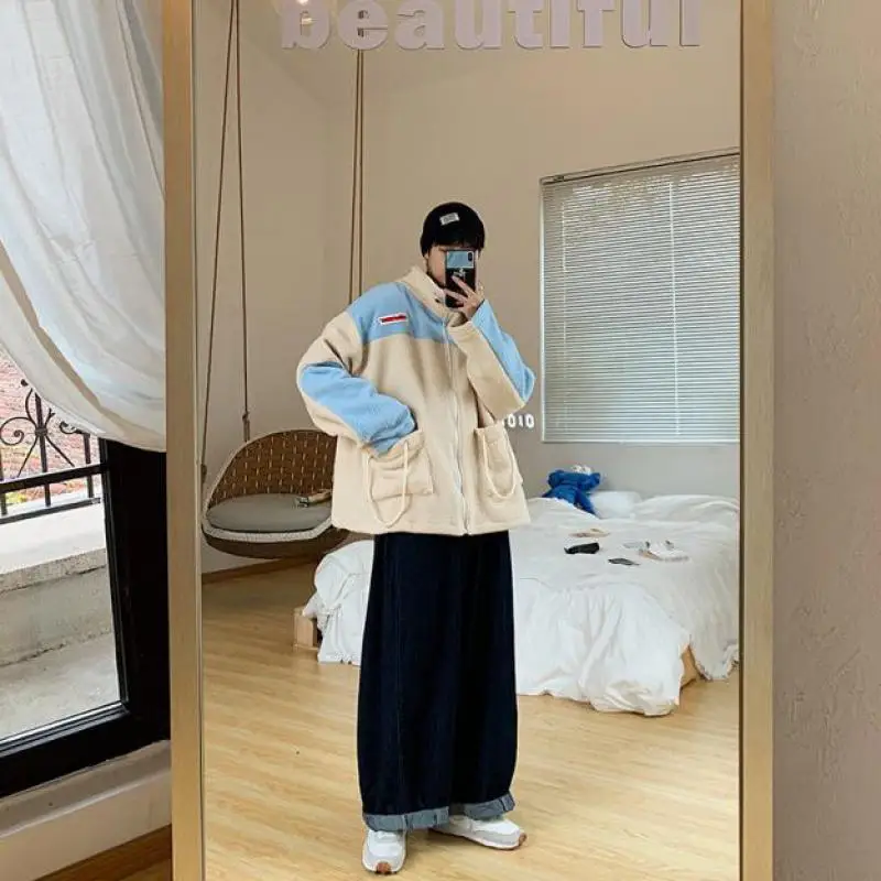 

S-3XL Plus Size Men Fleece Jacket with Big Pockets Color Block Warm Mid Weight Fleece Coat Male Female Streetwear Clothing XXXL