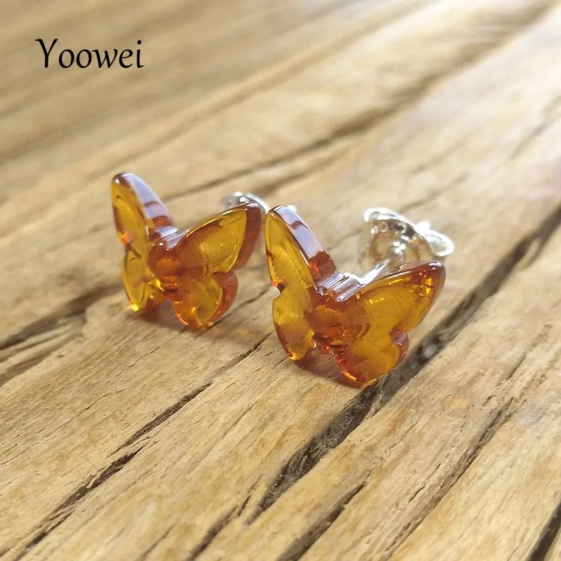 Женские коньячные серьги Yoowei янтарные гвоздики из серебра 925 пробы с бабочкой в