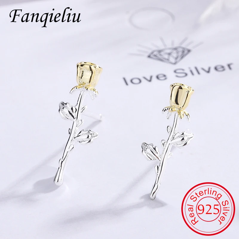 

Fanqieliu Creative Rose Flower Jewelry Gift Girl Vintage Real 925 Sterling Silver Stud Earrings For Woman FQL21449