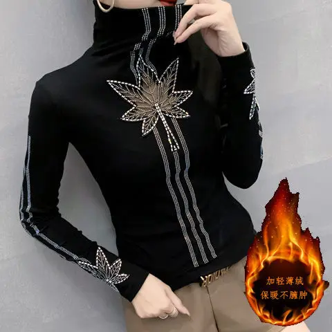 

Woman Tshirts Women's High Collar Rhinestone Top for Tops Mujer Camisetas