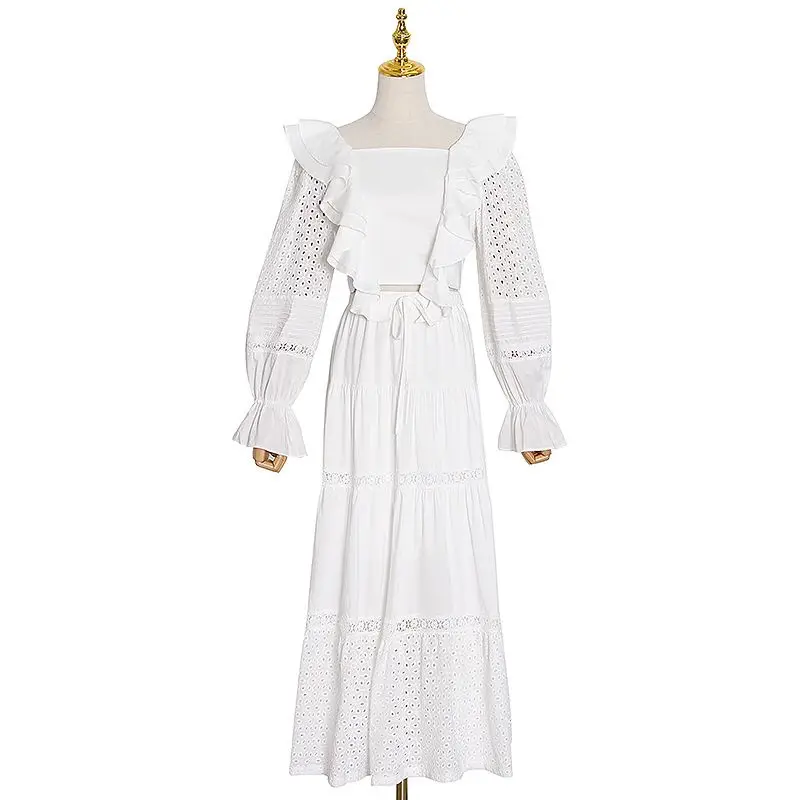 

Big-name summer women's lace sexy blouse shirt skirt suit 2020New women's ruffle cotton linen embroidery fashion two-piece suit