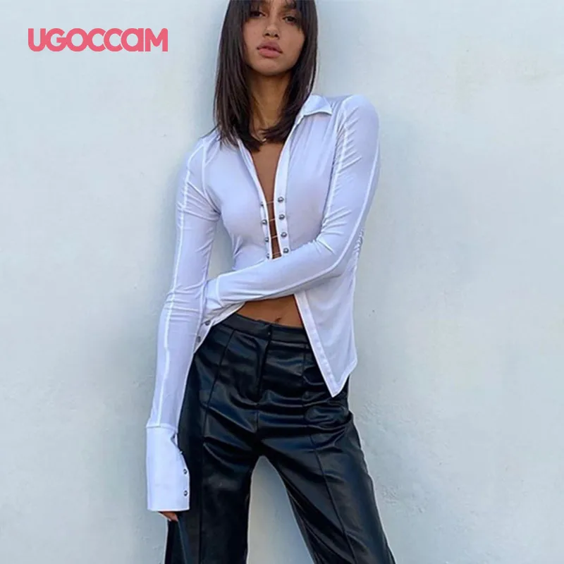 

UGOCCAM Fashion Metal Buttons Women Blouse Shirt Sexy Elasticity Tight Tops Women Long Sleeve Turn-Down Collar Knitted Blusas