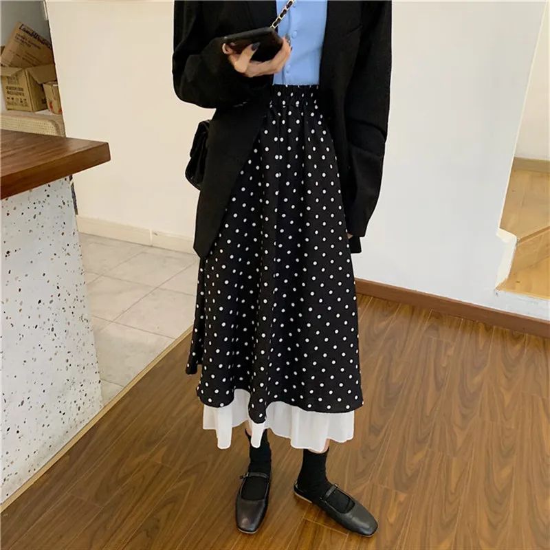 

POUNGDUDU 2021 Women Skirts For Girl Japanese Skirt Student Sweetown Chiffon High-Waist Elastic All Match Office Lady A-Line