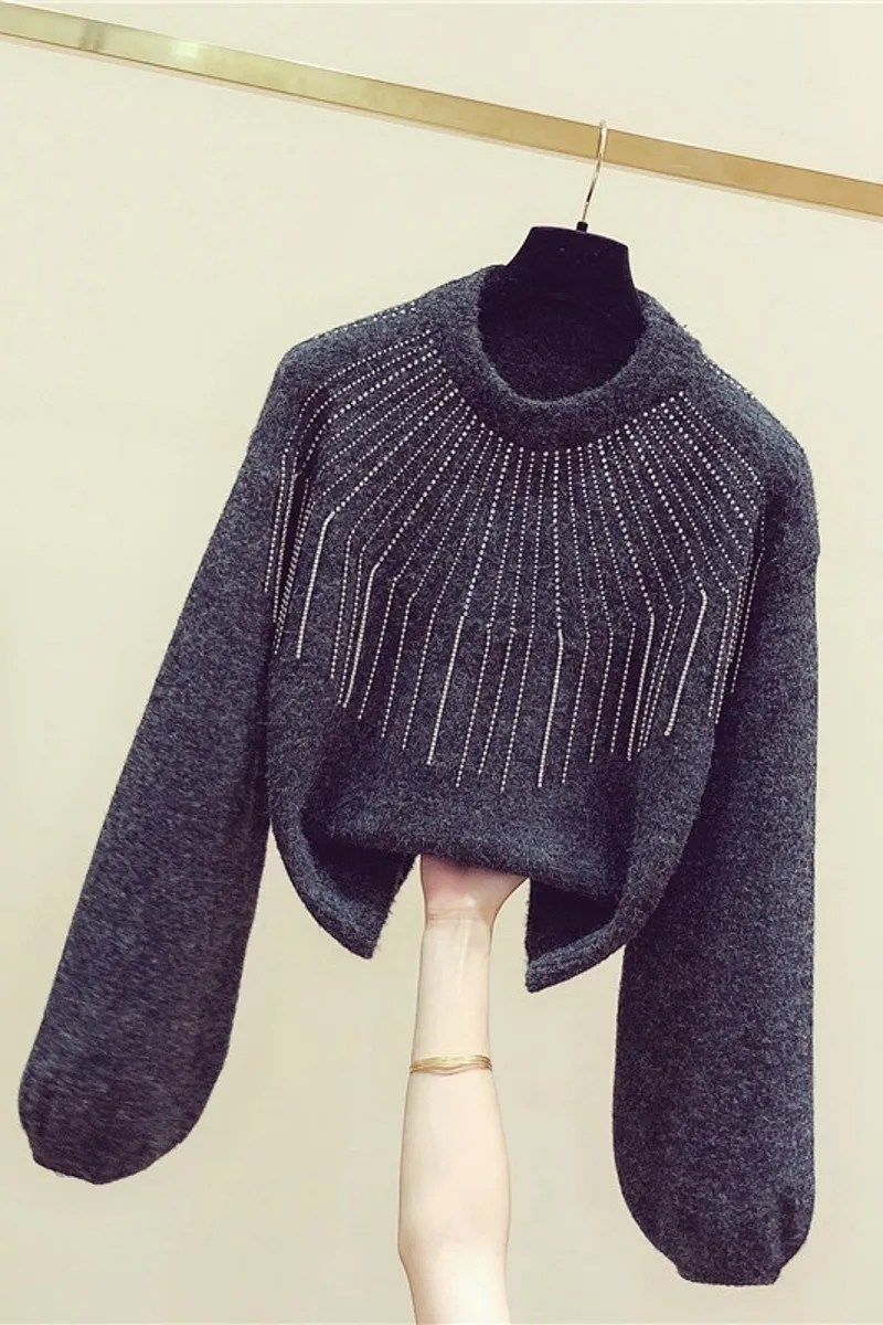 

2020 New Winter Clothes Korean Rhinestone Tassel Chain Sweater Women's Lantern Sleeve Sweaters Woman's Knitted Blouse Coats