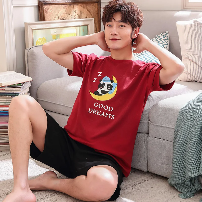 

For Men Spring Summer Sleepwear Cartoon Moon Panda Casual Set Tops Shorts Male Nightwear Red Cotton Comfortable Soft Pajamas Set