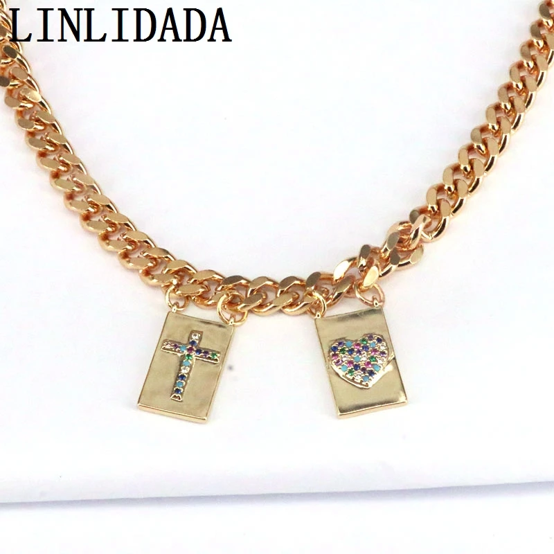 

3Pcs Cz Cross Heart Necklace Women Clasp Accessories Gold Color Link Chain Necklaces Party Fashion Jewelry