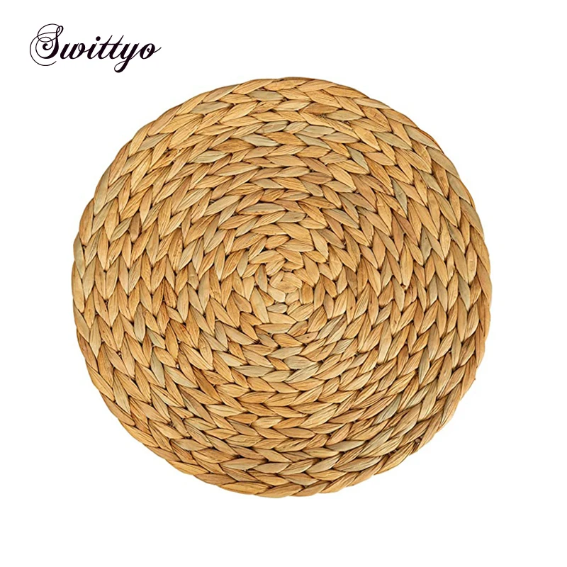 Set of 4 Round Woven Placemats for Dining Table Wicker Natural Straw Farmhouse Rustic Charger Plate Heat Resistant Place Mats