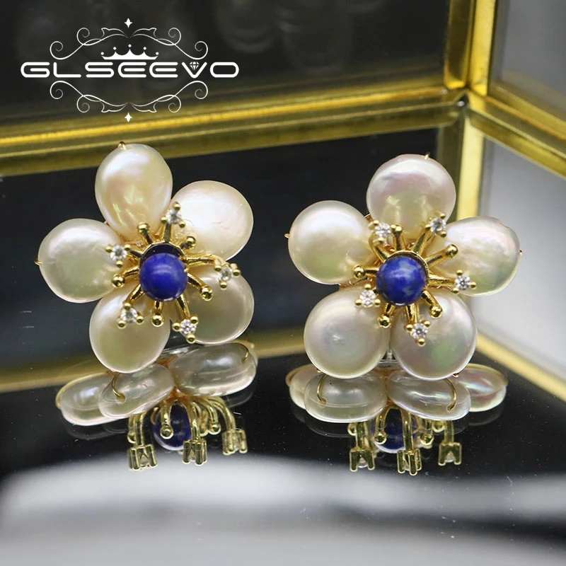 Glseevo 925 Стерлинговое серебро Ляпис лазули Цветок Барокко Натуральная пресноводная жемчужина Студская серьга для женщин Ювелирное изделие Ge0598 On.