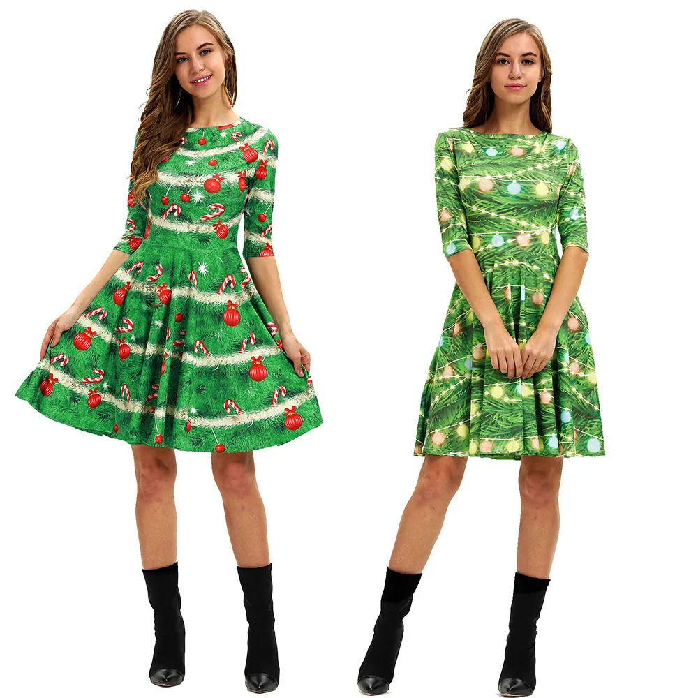 

Snowflake Print Christmas Dress Autumn Women Casual O-Neck Half Sleeve Green Plaid Pleated Short Dress Female Xmas Party Dresses