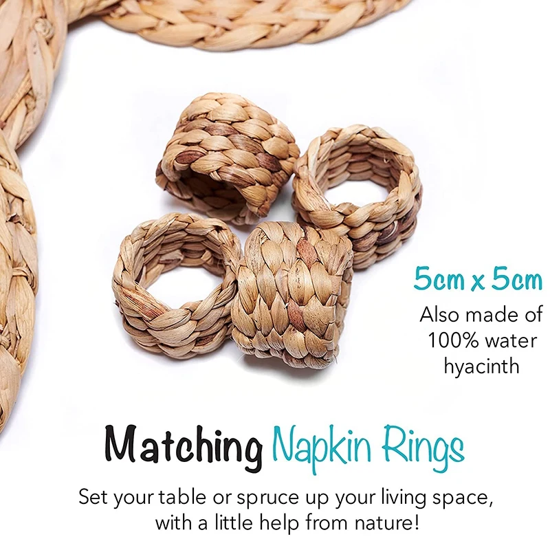 

Woven Placemats Natural Water Hyacinth Seagrass Woven Placemats, Round and Thick - Set of Matching Napkin Rings