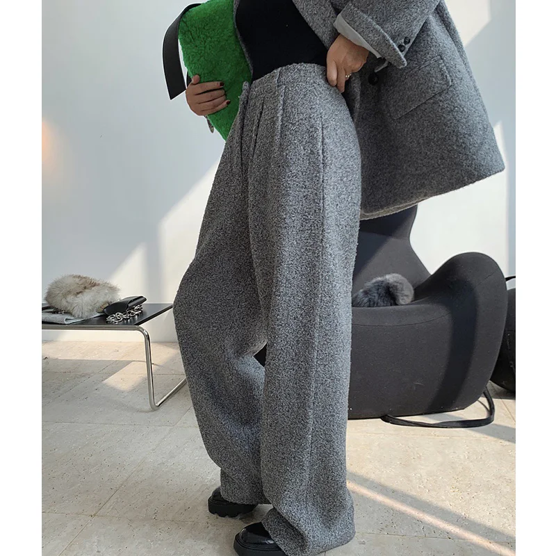 Women High Waist Wide Leg Plus Long Wool Harem Pants Ladies British Loose Trousers 2020 Streetwear Thick Winter Suit Pants
