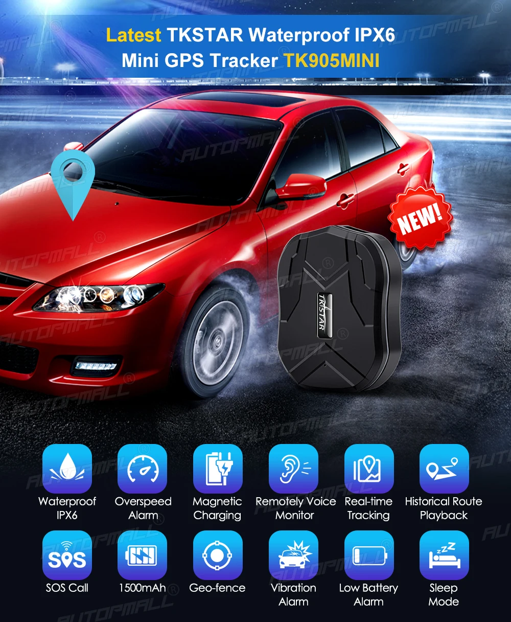 Автомобильный GPS-трекер MINI TK905 GPS-локатор TKSTAR 1500 мАч водонепроницаемый