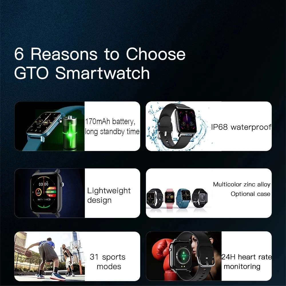 

OTTWN GTO 1.4inch square screen P68 Waterproof Smart Watch Men Fitness Tracker Heart Rate IBluetooth Smart Watch Men Women