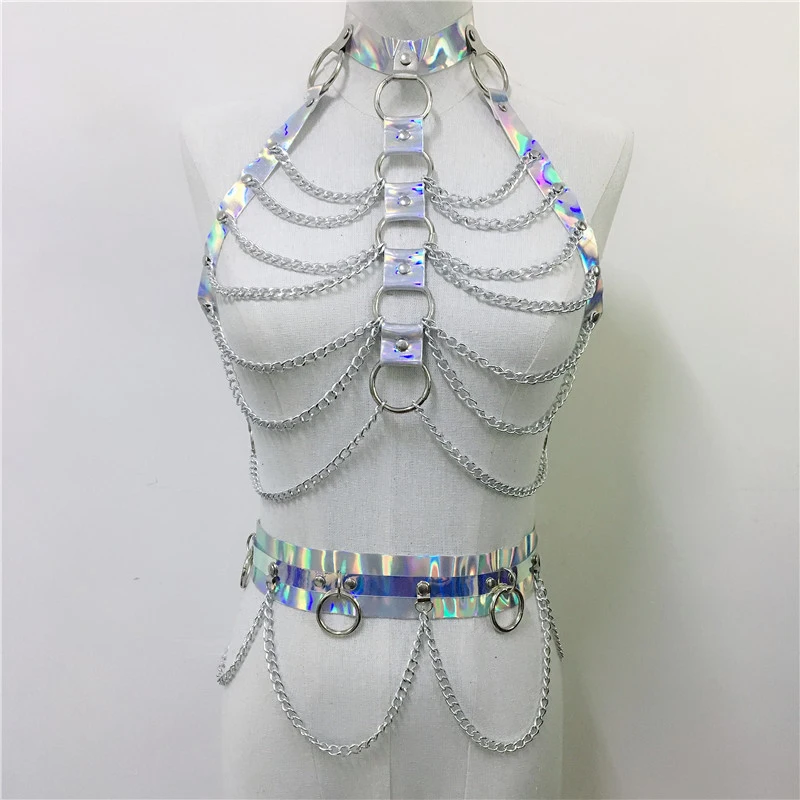 Holographic PU Two Piece Set Garter Hollow Out Choker Cover Up Crop Top Adjustable Waist Chain Music Festival Lady Hot Garters