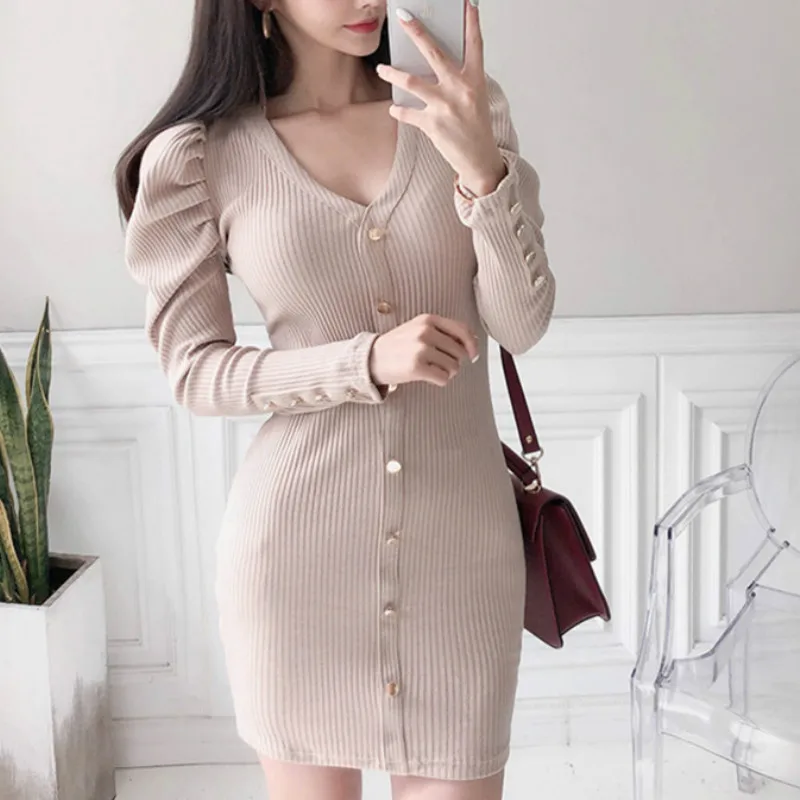 

Vestidos Single-breast Korean Mini Bodycon Dress Chic Autumn Winter Sexy V-Neck Elegant Puff Sleeve Knitted Sweater Dress Women