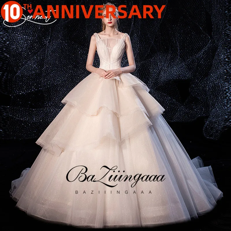 BAZIIINGAAA Luxury Royal Wedding Dress Boho Starry Sky Ruffle V-neck Lace Up Cathedral Crystal Appliques Free Custom | Свадьбы и