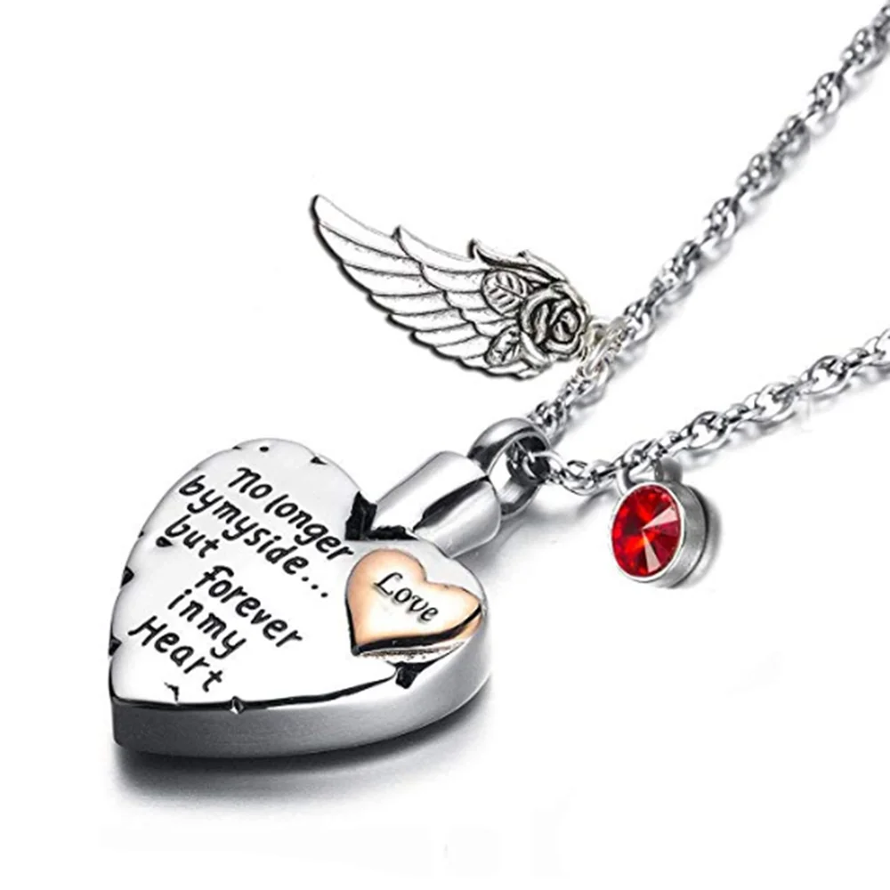 

Heart Cremation Urn Necklace for Ashes Angel Wing Pendant Jewelry and Birthstones No Longer by My Side But Forever in My Heart