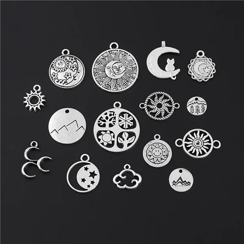 30pcs Mix Silver Color Round Night View Charms Sun Star Moon Cloud Nature Pendant Making DIY Accessories Handmade Crafts M34 | Украшения и