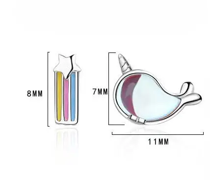 Женские асимметричные серьги-гвоздики из серебра 925 пробы с радужным единорогом |