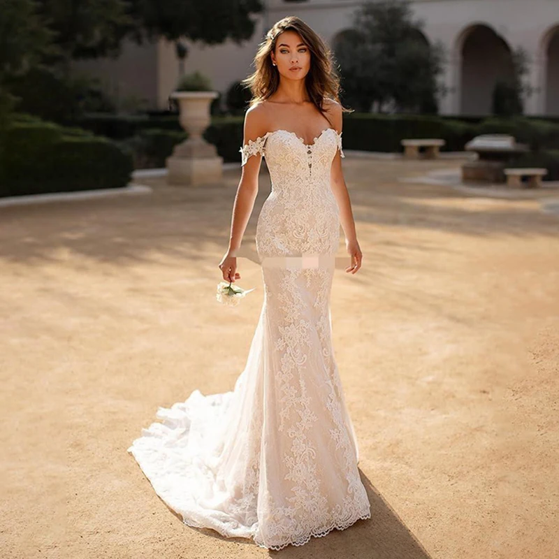 

Boho Mermaid Wedding Dresses 2021 Sexy Off Shoulder Lace Appliques Backless Wedding Gowns For Brides With Train vestido de noiva