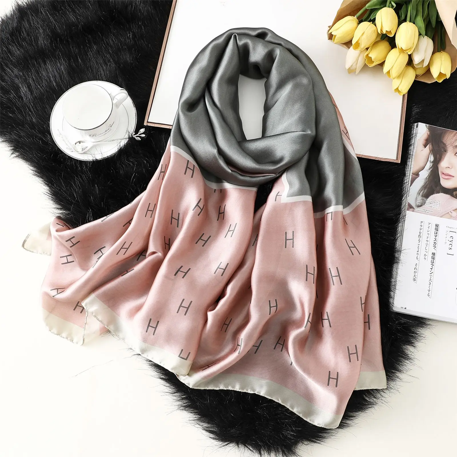180*90 см Новый женский шелковый шарф с буквенным принтом элегантная
