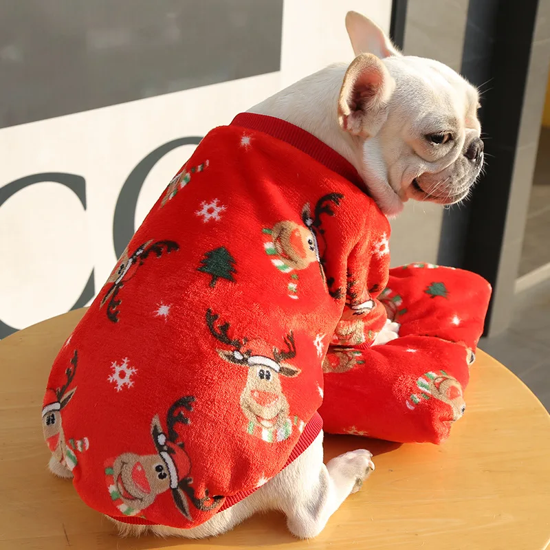 [2021 Hot Sale]Christmas elk big dog French bulldog puppy dog autumn and winter pet supplies cat two-legged clothes Teddy