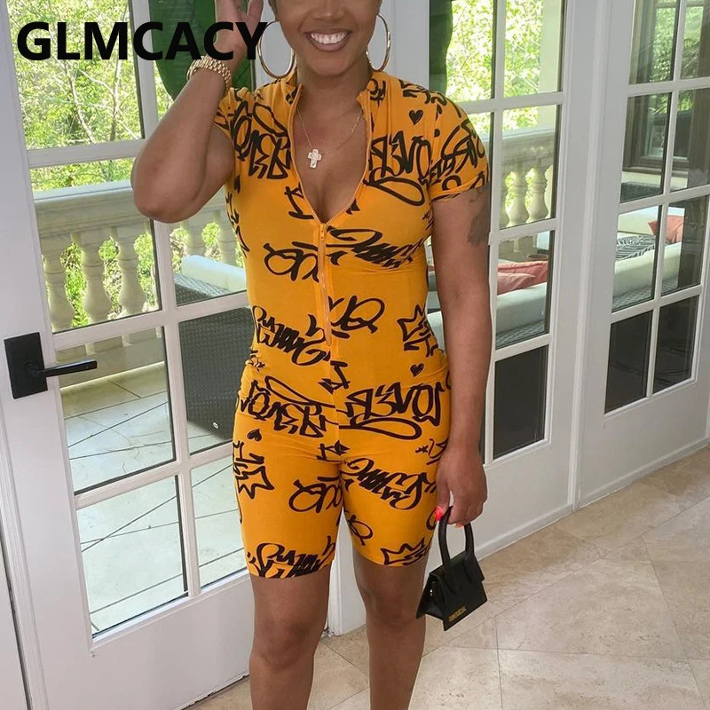 

Short Sleeve Letter Printed Casual Slim Romper Playsuit